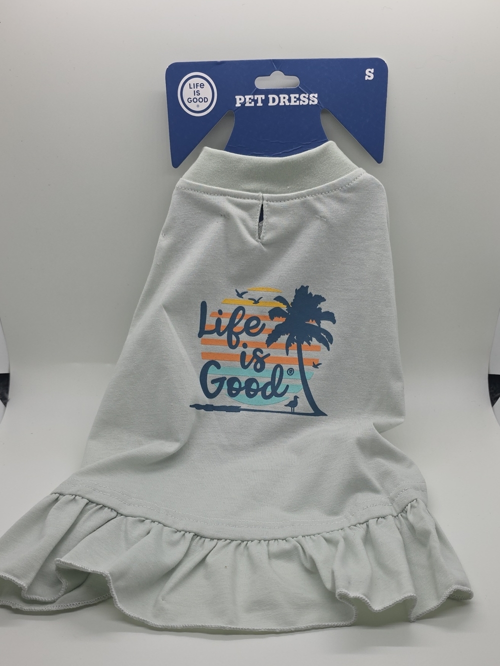 Life Is Good White Pet Dress with Blue and Orange Graphic